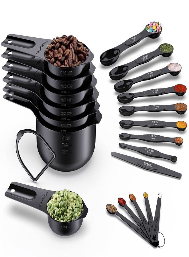 Wildone 21 Piece Black Measuring Cups & Spoons, Includes 7 Stainless Steel Measuring Cups, 8 Double Sided Measuring Spoons, 1 Leveler & 5 Mini Spoons - Image 1